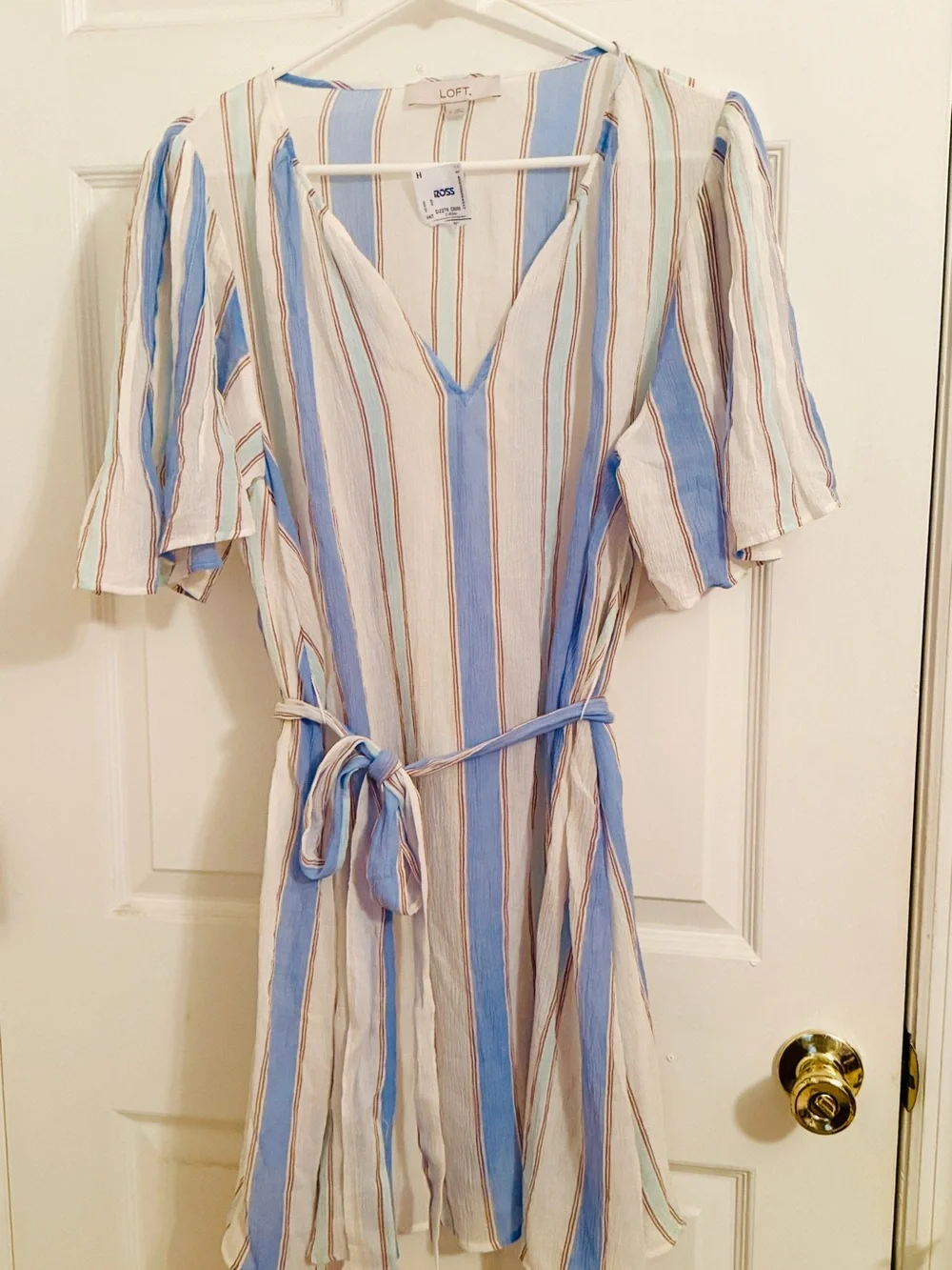 LOFT Striped V-Neck Tie-Waist Beach Dress in Blue and White